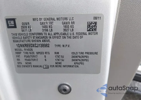 2012 Chevrolet Traverse Ls z USA, uszkodzony, nr VIN 1GNKREEDXCJ138982